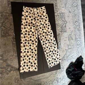 SHEIN Cream Wide Leg Pants with Black Floral Print